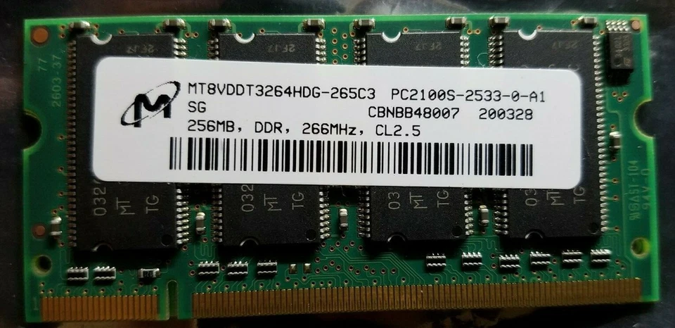 256MB PC2100S 266MHz CL2.5 Micron Technology 8VDDT3264HDG-265C3 Laptop Memory - Image 1 of 1