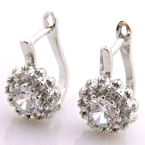 Platinum Plated Clear Cubic Zirconia Circle Small Unisex U Hoop Pierced Earrings - Picture 1 of 7