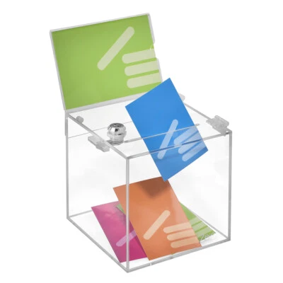 Losbox aus Acrylglas 150x150x150mm, mit Schloß und Topschild DIN A6 Quer - Bild 1 von 4