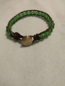 Beaded Leather Wrap Bracelet, Handmade With Green Crystal Beads - Picture 1 of 5