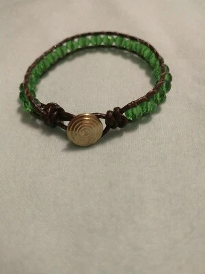 Beaded Leather Wrap Bracelet, Handmade With Green Crystal Beads - Image 1 of 4