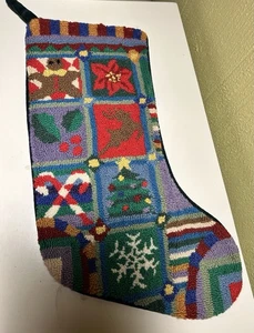 Vintage Wool Tapestry Needlepoint 18" Christmas Collage Stocking w Green Velvet - Picture 1 of 5