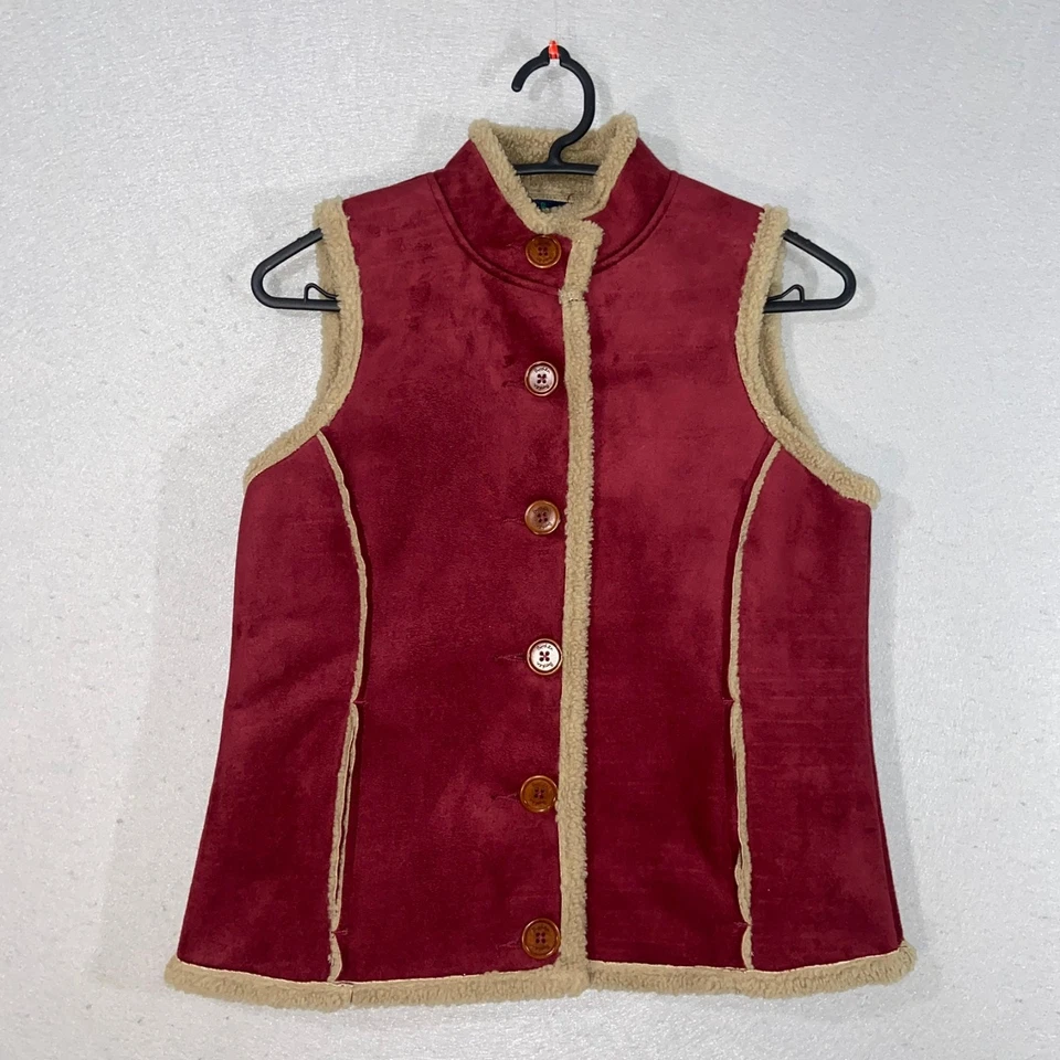 Chaleco Boden Mujer Pequeño Borgoña Imitación Gamuza Sherpa Borde Botón Frontal Vellón Línea Foto 1 de 4