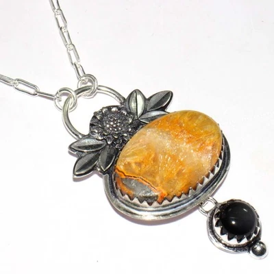 Premium Bumble Bee Jasper Black Onyx 925 Silver Plated Necklace 18" GW - Image 1 of 3
