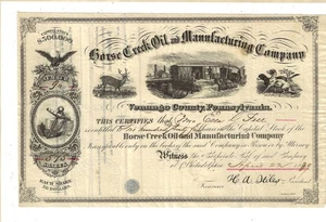 PENNSYLVANIA 1879 Horse Creek Oil & Manufacturing Company Stock Certificate - Picture 1 of 2