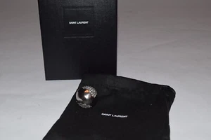 NWT! $550 Womens YSL Saint Laurent Crystal Egg Ring Large sz 7 Silver Toned - Picture 1 of 7