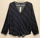 NWT Banana Republic Navy Blue Gold Chain Link Faux Wrap Tunic Stretchy Blouse LP