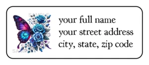 30 etiquetas adhesivas de dirección de devolución personalizadas con flores de mariposa azules - Imagen 1 de 2