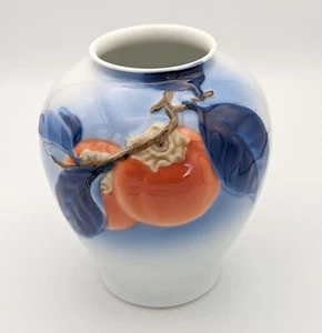 Jarrón de porcelana Fukagawa 1963 vintage pintado a mano hojas azules caqui 6,25" - Imagen 1 de 6