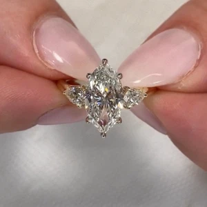 1.90 Ct Marquise & Pear Moissanite 3-Stone Engagement Ring 14K Solid Yellow Gold - Picture 1 of 12