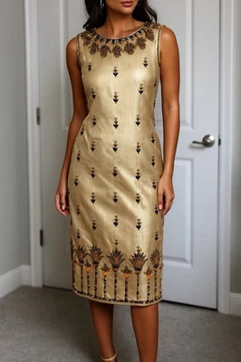 Vintage 1950s Hand Beaded Metallic Silk Brocade Cocktail Dress Gold Sheath XS S - Image 1 of 4