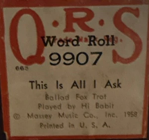 QRS Player Piano Word Roll 9907 This Is All I Ask Fox Trot - Picture 1 of 4
