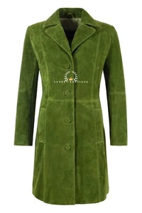 Ladies Elegant Trench Leather Coat Lime Green Suede Knee-Length Designer Coat - Picture 1 of 5
