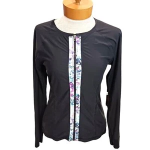 Size Small Womens Athleta Long Sleeve Athletic Top Black Watercolor Trim Pink - Picture 1 of 8