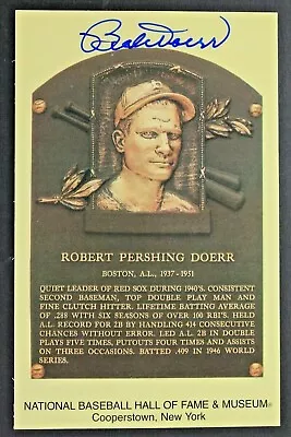 Bobby Doerr (d.2017) Autographed Hall of Fame Plaque Signed 3x5 Postcard  - Image 1 of 2
