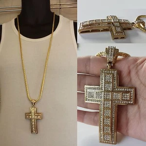 MENS HIP HOP GOLD LARGE CROSS PENDANT W/ 36" FRANCO CHAIN NECKLACE - Picture 1 of 10