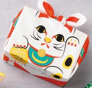 Japanese Furoshiki Wrapping Hand Cloth Happy Cat   19 " Japan Made - Picture 1 of 4