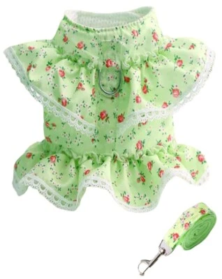 Green Floral Ruffles and Lace Puppy/Dog Harness & Leash, Chest 15.8-18.8 Inches - Image 1 of 4