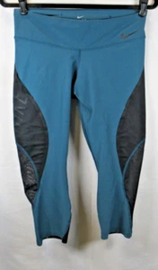 Womens NIKE Dri Fit Cropped Pants Teal Blue Black Pockets Mesh L Large - Picture 1 of 9