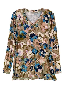 LOGO Lori Goldstein Top Damen S beige Blumen Tunika Stretch Jersey Taschen - Bild 1 von 10