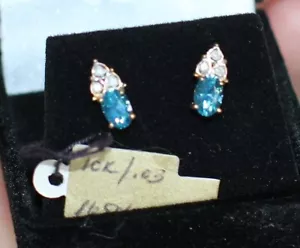 10K Yellow Gold London Blue Topaz and Diamond Accent Post Stud Earrings NIB - Picture 1 of 10