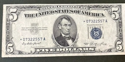 1953 A Blue Seal $5 Five Dollar Silver Certificate CN 0722557A Crisp Condition - Image 1 of 2