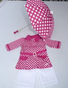 AMERICAN GIRL DOLL RAINY DAY COAT & UMBRELLA PANTS HOT PINK POLKA A DOT RETIRED - Picture 1 of 9
