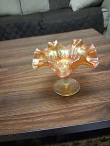 Vintage Fenton Holly Spray Sprig Marigold Carnival Glass Small Pedestal Bowl - Picture 1 of 7