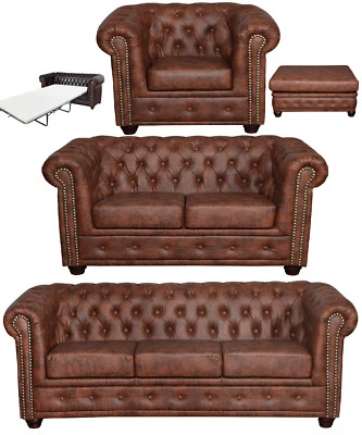 % CHESTERFIELD SET 3 Sitzer Schlafsofa Sessel Hocker BRAUN INDUSTRIE Kunstleder - Bild 1 von 4