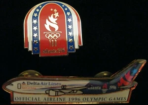 DELTA AIR LINES  AIRPLANE OFFICIAL AIRLINE  1996   OLYMPIC GAMES  ATLANTA 2 PINS - Picture 1 of 3