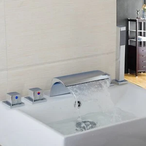 5 Hole Deck Mount Bathtub Filler Handheld Spray 3 Handle Mixer Shower Facuet Set - Picture 1 of 9