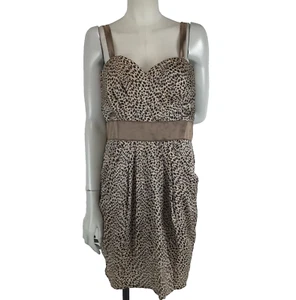 Jarlo Dress Brown Size 14 Animal Print Straps Pleats Satin Pockets Cocktail - Picture 1 of 13
