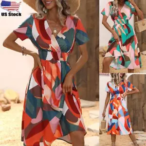 Womens Print V-Neck Short Sleeve Party Dress Ladies Summer Holiday Midi Sundress - Picture 1 of 14