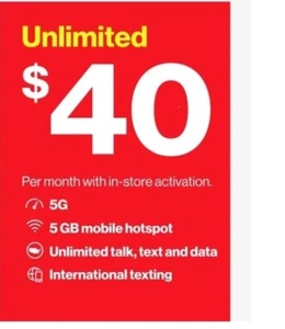 $50 UNLIMITED 5G DATA Verizon prepaid plane ( $39.99 A MONTH ) - Picture 1 of 2