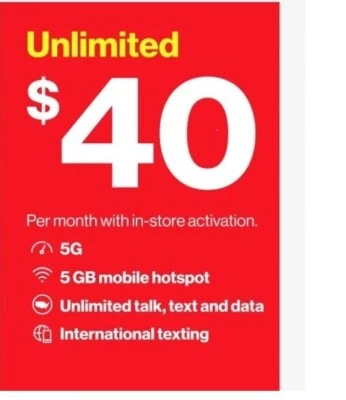 $50 UNLIMITED 5G DATA Verizon prepaid plane ( $39.99 A MONTH ) - Image 1 of 2
