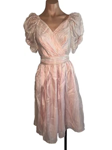 Vestido vintage años 80 bebé rosa a rayas mangas abullonadas cinturón graduación talla S/M - Imagen 1 de 9