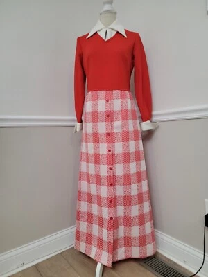 VTG'70s Dress Polyester Gingham Dress Maxi Red White/Hippie Dress/Big Collar  - Image 1 of 4
