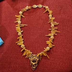 Estate Vintage Freidrich Floral Pendant Necklace Gold Tone Beads Tan Spikes Gift - Picture 1 of 5
