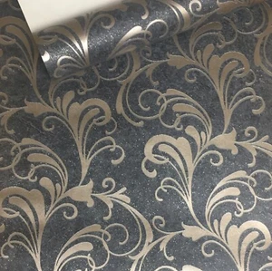 Rasch Scroll Charcoal Black Metallic Bronze Glitter Textured Wallpaper 301861 - Picture 1 of 6
