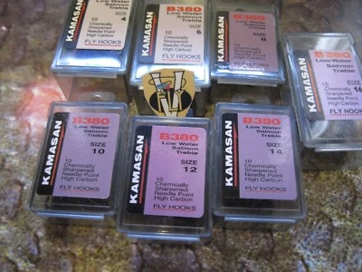 Kamasan Size 4 to 16 B380 Long Shank Low Water Fly Tying Salmon Treble Hooks - Image 1 of 4