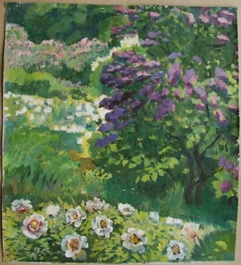 Ukrainian Soviet USSR Oil Painting impressionism lilac botanical garden Kyiv - Picture 1 of 8