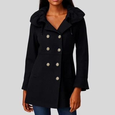 Abrigo Coffeeshop Mezcla Lana Mujer Pequeño Negro Dorado Botón Volantes Cuello Foto 1 de 4