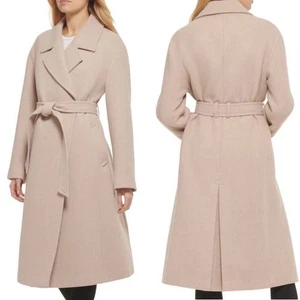 Cole Haan Oversize Belted Basket Weave Wool Wrap Peacoat Oatmeal Women's 10 NWT - Picture 1 of 16