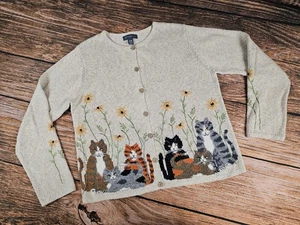 VTG NORTERN ISLES Linen Blend Women M Grandmacore Cats Flowers Knit Cardigan EUC - Picture 1 of 10