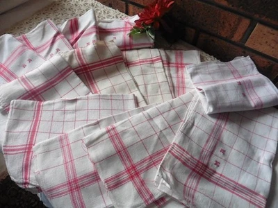 13 ANCIENS TORCHONS LIN X COTON A LITEAUX CROISES ROUGE DIFFERENTS ESSUIES VERRE - Photo 1/4