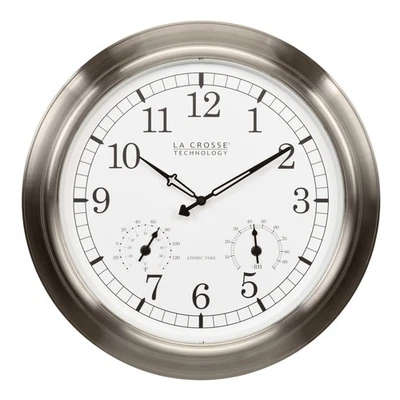 404-80017 La Crosse Technology 17.9" Stainless IN/OUT Atomic Analog Wall Clock - Image 1 of 4