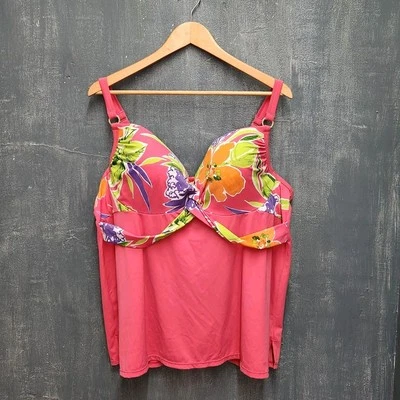 Lane Bryant Underwire Balconette Tankini Top Swimsuit 42D Pink Tropical Print  - Image 1 of 4