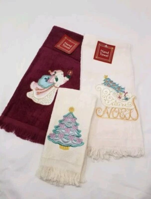 (3) Elegantes toallas de mano bordadas de Navidad tela de rizo borgoña/crema NOS Foto 1 de 4