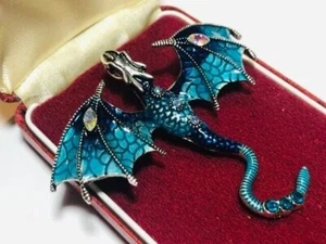 Beautiful Shimmering Blue Crystal & Enamel Dragon Brooch / Necklace Pendant - Picture 1 of 13