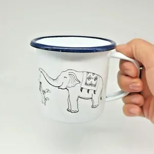 Thai Elephant Enamelware Cup Mug Vintage Coffee White Blue Thai Enamel Camping - Picture 1 of 12